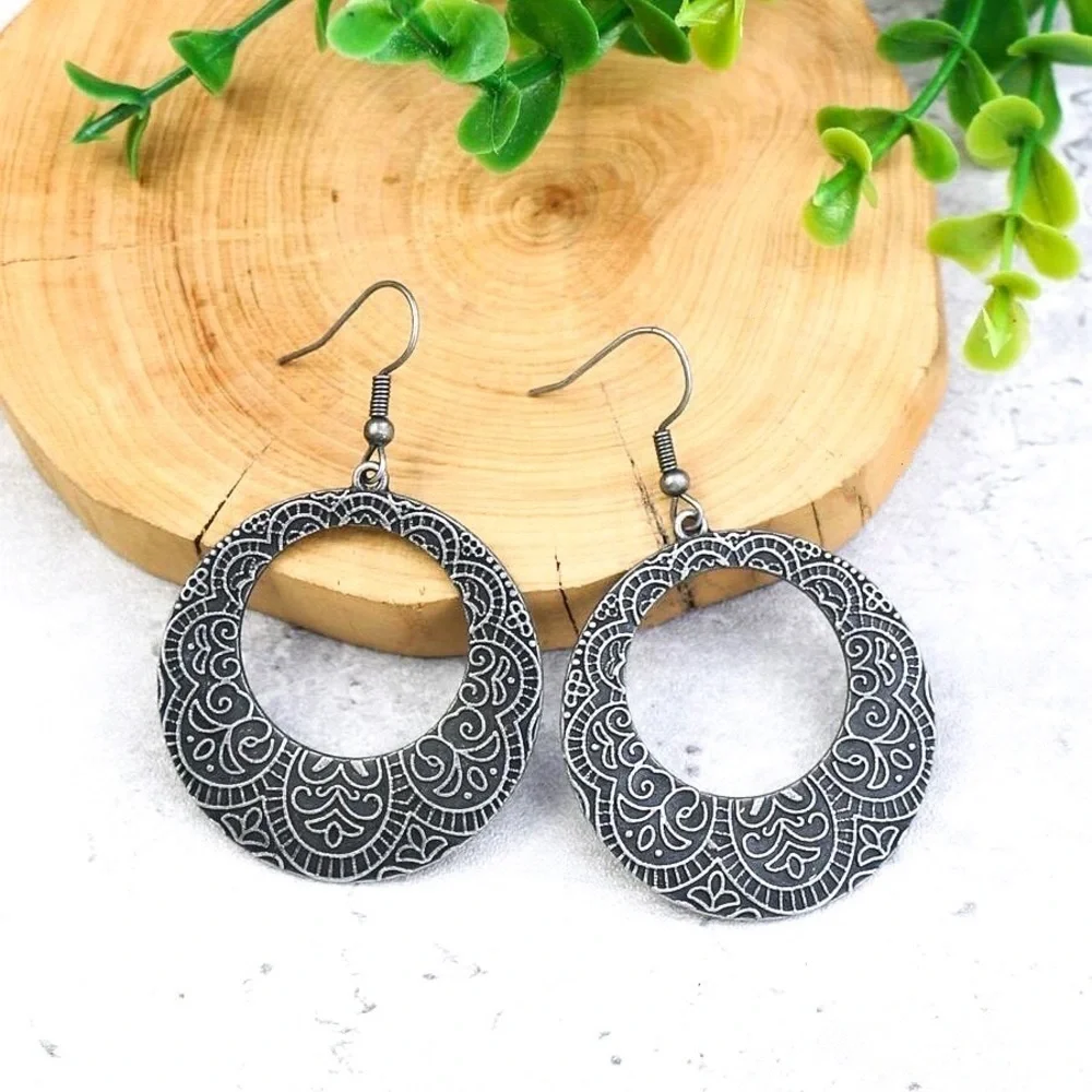 Any 3/$25! Dark Gray Engraved Circular Boho Drop Earrings - Picture 1 of 7